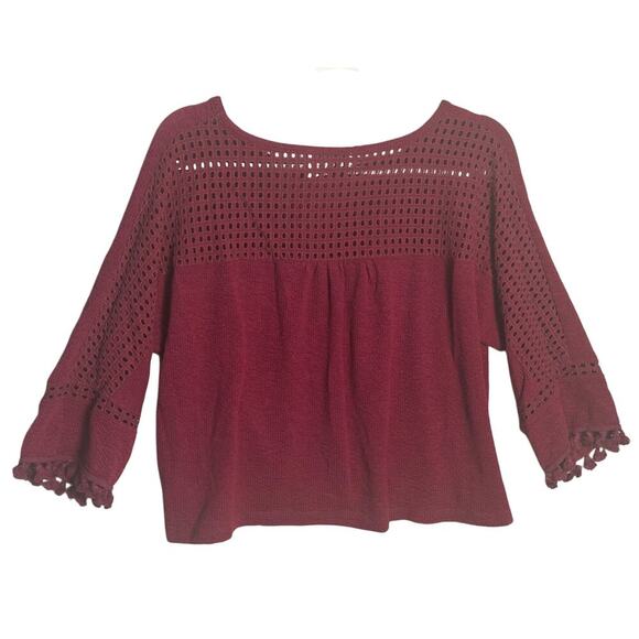 Saturday Sunday Anthropologie Sz S Crochet Knit 3/4 Sleeve Sweater Pom Pom Cuff - Picture 2 of 12